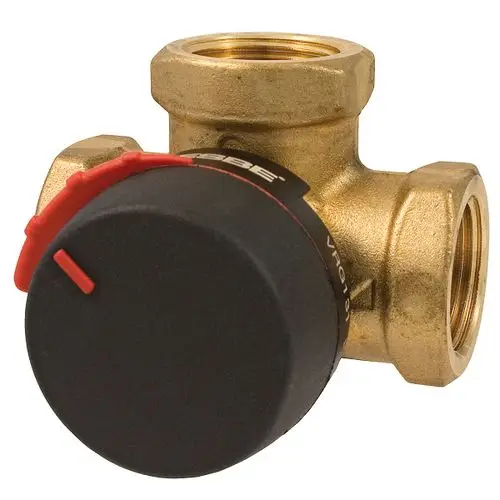 ESBE 3-Wege-Mischer mit drei Anschlüssen und Regelungselement. Die Bauform ermöglicht die Anpassung von Wassertemperaturen in Heizsystemen.